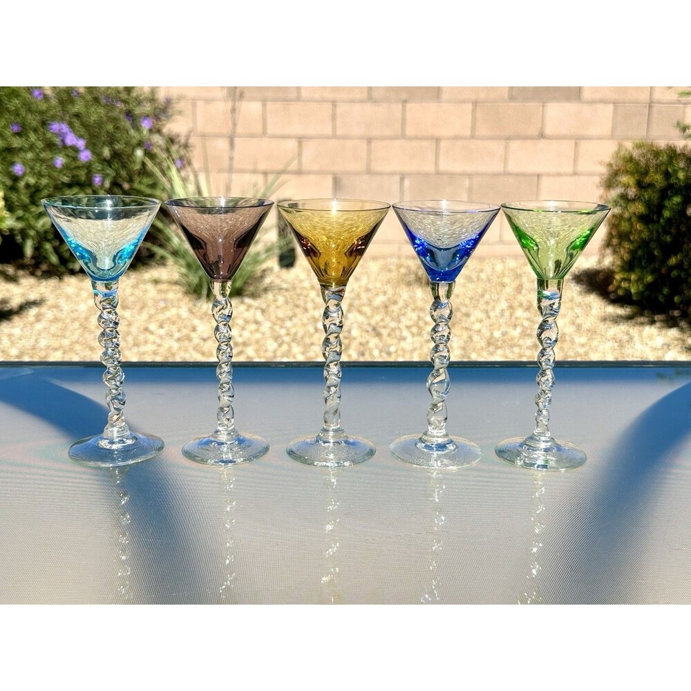 5 VTG Asst Colors Small Martini/Cordial Glasses Twisted Stem Green UV Reactive
